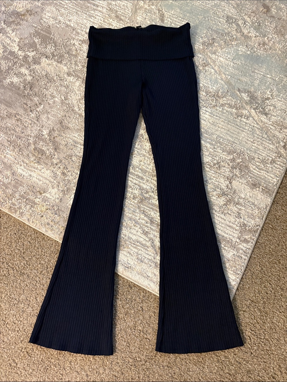 Women's Fold-Over Ribbed Flare Pants - Dark Blue